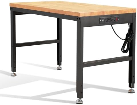 HABUTWAY Height Adjustable Workbench 48"x 24" 2000 Lbs Capacity Oak Wood Work Station Heavy-Duty Work Tables with Power Outlets for Garage Party Shop Office