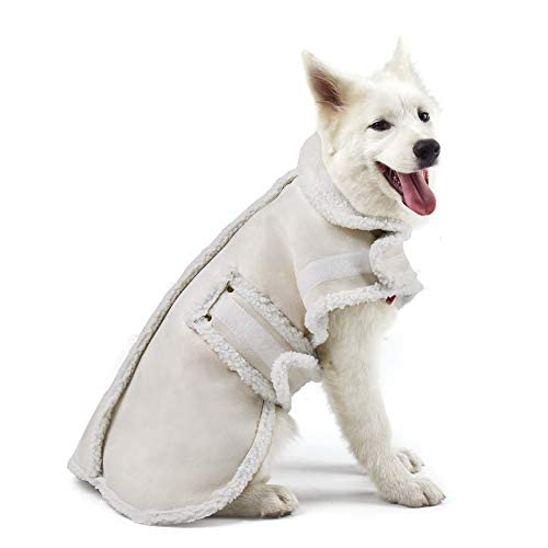 XUANQIFC Dog Winter Jacket, Warm Windproof Dog Sweaters for Small Dogs, Thick Apparelf Fleece Dog Coat for Medium Large Dogs (Large) Beige