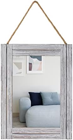 EMAISON 12 x 16 in Wall Decorative Mirror, Rustic Wood Frame Rectangular Mirror with Hanging Rope for Entryway, Bedroom, Guest Bathroom, Living Room, Bedroom - Grey