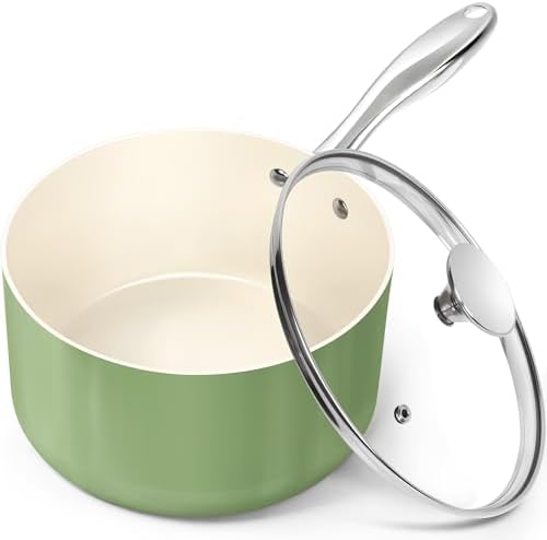 MICHELANGELO 3 Quart Saucepan with Lid - Non Toxic Sauce Pan with Nonstick Ceramic Coating, Scratch-Resistant, Induction Saucepan Suitable for All Stovetops, Green