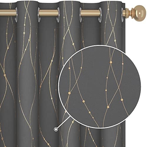 Deconovo Blackout Grommet Gold Pattern Printed Curtains, Grey, 52W x 84L