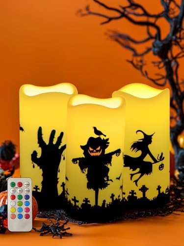 ONEIHOMM Halloween Battery Operated Pillar Flameless Candles with Timer Remote for Decorations Indoor Set of 3