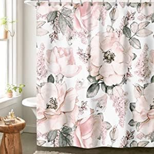 Flower Shower Curtains for Bathroom, Classy Fabric Floral Shower Curtain, with 12 Hooks 72&#34;x72&#34; (Pink &amp; White)