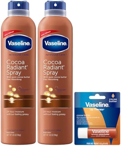 Vaseline Cocoa Radiant Spray 2-Pack for Dry Skin + Vaseline Lip Therapy Cocoa Butter Lip Balm (3 Piece Set)