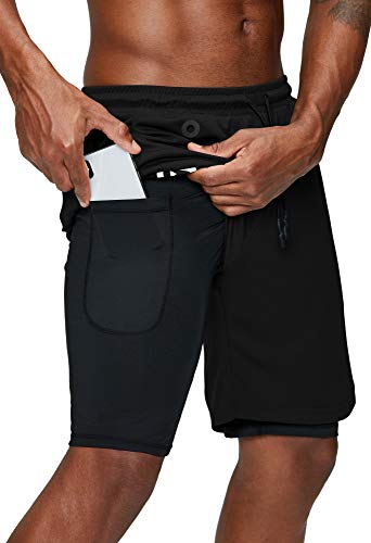 Pinkbomb Men's 2 in 1 Running Shorts Gym Workout Quick Dry Mens Shorts with Phone Pocket (Black, Medium)