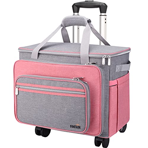 FINESUN Sewing Machine Case with Wheels, Foldable Deluxe Rolling Sewing Machine Carrying Bag for Brother, Singer, Bernina and Most Machines,pink-grey