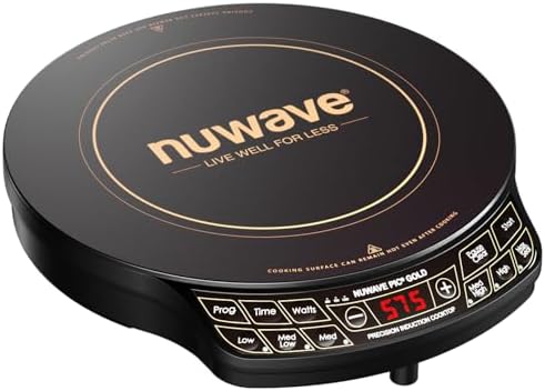 Nuwave Precision Induction Cooktop Gold, 12” Shatter-Proof Ceramic Glass Surface, Large 8” Heating Coil, Portable, 51Temp Settings 100°F to 575°F, 3 Wattage Settings 600, 900, and 1500 Watts