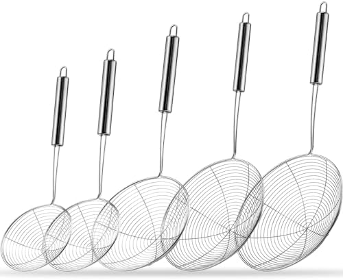 Maxcheck Set of 5 Stainless Steel Spider Strainer Skimmer Asian Strainer Ladle Kitchen Pasta Strainer Spoon with Long Handle Wire Spider Skimmer for Cooking and Frying, Spaghetti, Noodle