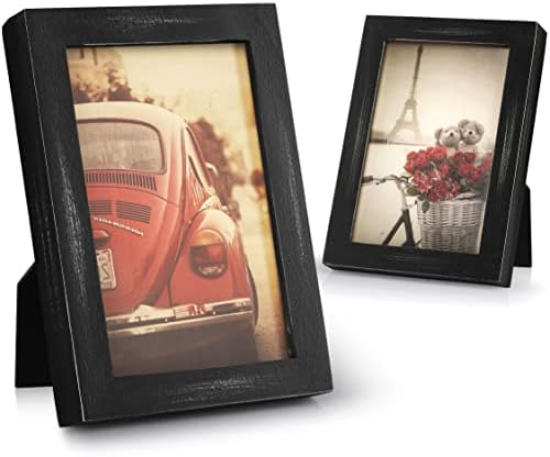 Emfogo 4x6 Picture Frame, Pack of 2 Photo Frame with Real Glass, Solid Wood Rustic Picture Frames 4x6 Display for Wall Decor (Vintage Black)