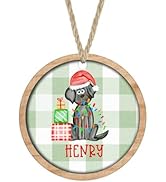 Personalized Name Black Labrador Retriever Rustic Green & White Plaid Round Ornament MDF Wood Cut...