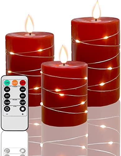 Fanzir Red Flameless Candles with String Lights Battery Operated LED Pillar Candles 4‘’ 5‘’ 6‘’ Candle with Remote Control,Fake Candle Set of 3 for Christmas or Special Festivals Decorations