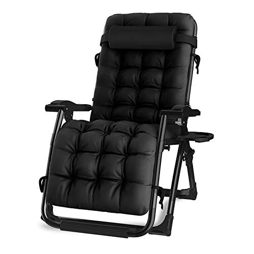 Oversized Zero Gravity Chair, Lawn Recliner, Reclining Patio Lounger Chair, Folding Portable Chaise, with Detachable Soft Cushion, Cup Holder, Adjustable Headrest, Support 500 lbs. (Black Cushion)