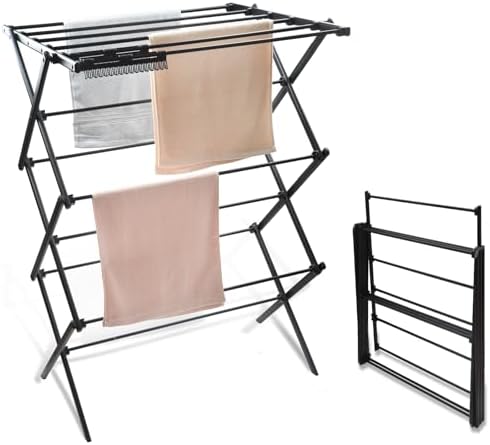 YUBELLES 3 Tiers Foldable Clothes Drying Rack, Vertical Laundry Rack Portable and Collapsible for Storage Indoor Outdoor，Pure Black