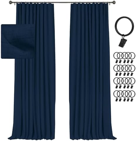 INOVADAY 100% Blackout Curtains for Bedroom, Black Out Curtains Clip Rings/Rod Pocket Linen Blackout Drapes 2 Panels Set, Thermal Insulated Drapes for Living Room, Midnight Blue, W50 x L96