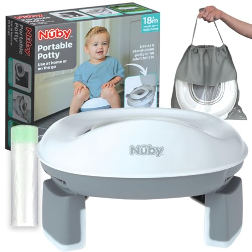 Nuby On-the-Go Portable Potty Seat - Travel Toilet Seat for Boys and Girls 18+ Months - Includes Storage Bag and Disposable Potty Liners - Toddler Travel Essentials - Toddler Potty Training Toilet