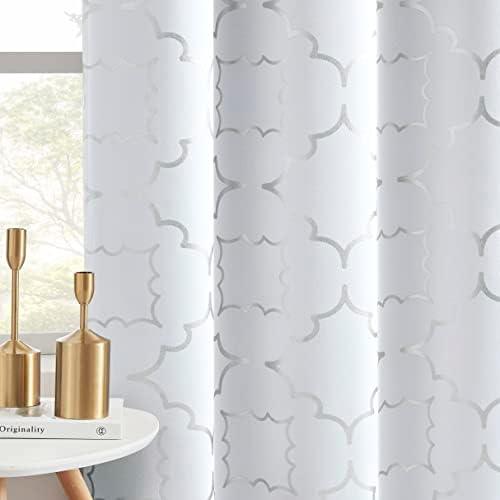 Purainbow White Blackout Curtain Panels for Bedroom 84" Silver Foil Moroccan Metallic Print Energy Efficient Drapes for Bedroom Living Room, Thermal Insulated Window Treatments Grommet Top 2 Panels