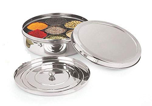 Spice Container - Masala Dabba - 7 Compartments, masala box,steel masala dabba,Spice container box,stainless steel spice box indian masala dabba with 7 spice containers with size 8 X 8 inches (1)