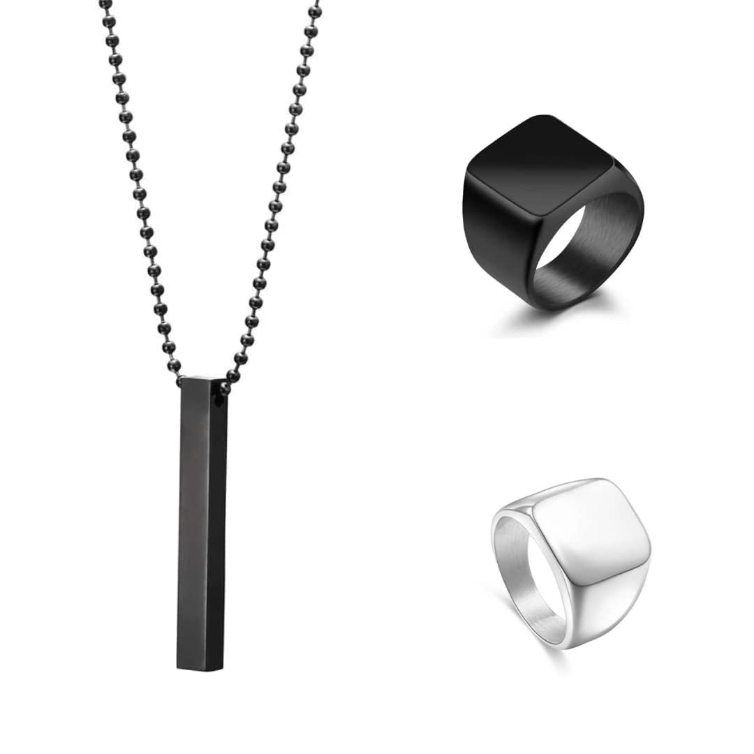 SONI DESIGNS (Pack Of 3) Trending Alloy Metal Finger Ring Set With Black Cuboid Rectangle Neck Pendant For Boys And Men