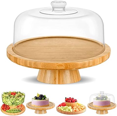 CHEF'S UNIQUE Bamboo Cake Stand With Dome Multi Function 6 In 1 Cake Holder Serving Platter, (12") Round Veggie Stand And Salad Bowl, Decorative Display Cake Stand With lid