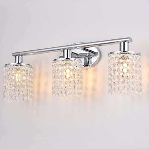 Luburs Bathroom Light Fixtures 3-Lights Crystal Wall Sconce Vanity Light Fixtures for Bathroom Lighting Fixtures Over Mirror,Polished Chrome,Luxury Bedroom Vanity Light Fixtures with Crystal Drop