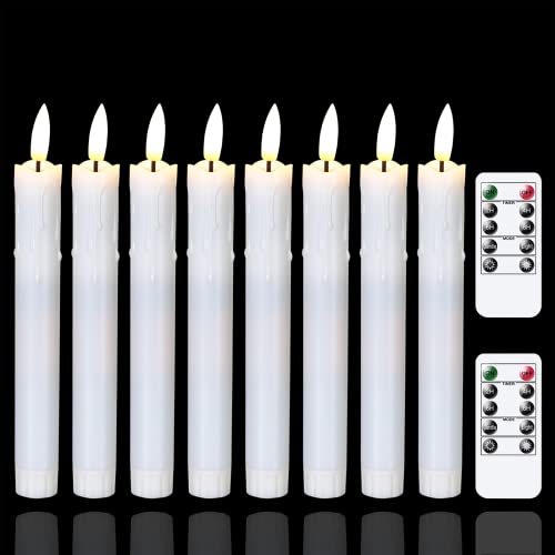 Mavandes Flameless Flickering Taper Candles Two Remote, 7.5 Inch White Battery Operated LED Window Candles Timer,Set of 8 Plastic 3D-Wick Dripping-Wax Effect Flameless Candlesticks(0.86”Dia,Warm Fire)