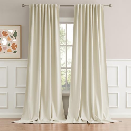 DUALIFE 120 Inch Long Back Tab Beige Long Curtains - Rod Pocket Blackout Tall Window Drapes for Bedroom Thermal Insulated Room Darkening Curtains for Living Room (W52 x L120 Inch, 2 Panels)