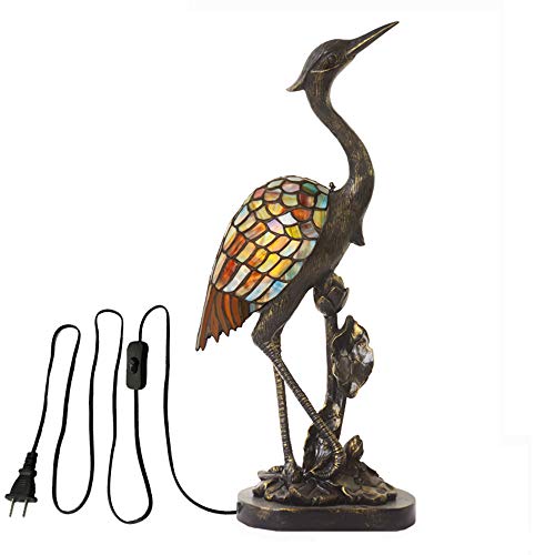 LITFAD Tiffany Crane Bird Table Light Retro Stained Glass&Resin 1 Light Desk Lamp Vivid Brass Table Lamp Night Light LED Bedside Nightstand Lamp for Bedroom Living Room Hotel Office - Colorful