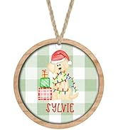 Personalized Name Yellow Labrador Retriever Rustic Green & White Plaid Round Ornament MDF Wood Cu...