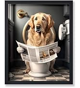 Poster Master Golden Retriever Sitting on Toilet Poster - Dog Reading a Newspaper Print - Dog Wal...