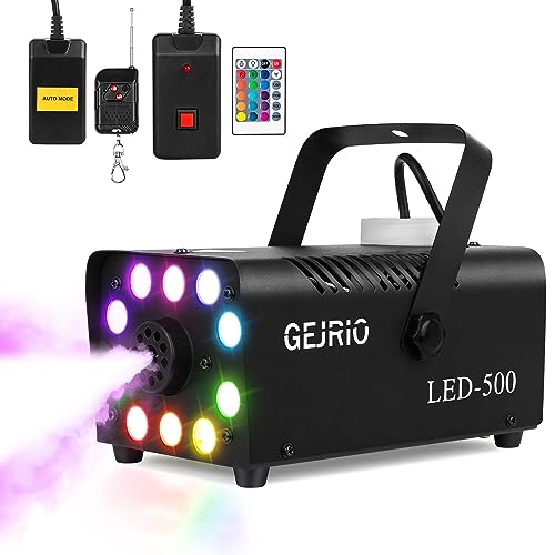 GEJRIO Fog Machine, 500W Smoke Machine with 16 Color Controllable Lights Effect, Automatic Fog Machine Outdoor with Wireless and Wired Remote Control for Halloween Parties & Stage (10 LED Lights)