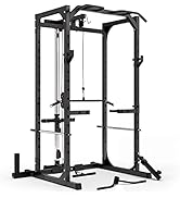 Synergee Power Rack Cage with Pulley System, J-Cups, Safety Arms, Pull Up Bar, Landmine & T Bar, ...