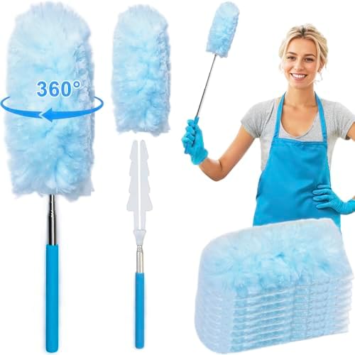 30 Inches Heavy Duty Extendable Microfiber Duster Kit, 2 Extendable Handles, with 10 Replaceable Microfiber Dusters, Dual-Sided Fiber, More Efficient and Durable (12 Pcs Duster Kit)