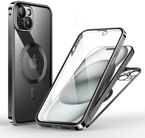 KumWum Front and Back Cover for iPhone 15 Case Clear Compatible with Magsafe Slim Double Sided Protection Metal Glass Screen Protector Buckle with Camera Lens Protector - Black