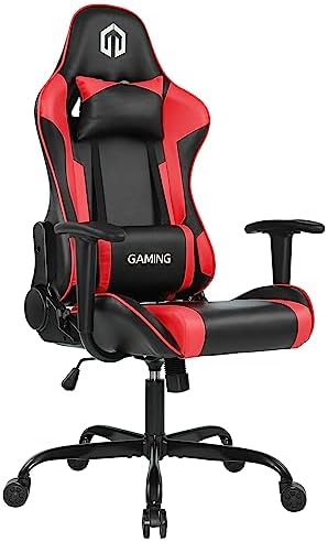 GOTMINSI Computer Gaming Chair with Headrest and Lumbar Cushion, Ergonomic Gaming Chair Office Chair 290lbs for Adults, Video Game Chairs Racing Chair High Back Leather Adjustable, (BK/Red)