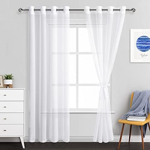 JIUZHEN White Sheer Curtains 84 Inches Long - Grommet Semi Transparent Light Filtering Window Drapes for Bedroom Living Room, 52Wx 84L, Set of 2 with Tiebacks