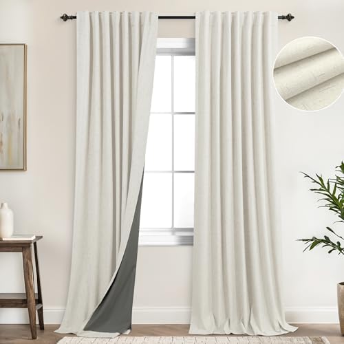 KOUFALL 120 Inch Curtains Long,Blackout Linen Textured Black Out Back Tab Pleated 10FT 10 FT Foot Tall Curtains for Living Room Bedroom,Cream Ivory 2 Panels Set