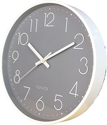 12 Inch Wall Clock, Silent Non-Ticking Modern Wall Clocks Battery Operated for Bedroom, Office, Living Room, Home, Kitchen, Bathroom, Modern Battery Operated Wall Clocks (White + Grey)