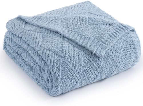 WRENSONGE Blue Grey Throw Blanket for Couch, Soft Fluffy Cozy Warm Knitted Throw Blanket for Bed, Weaving Patterns Throw Blanket for Living Room, Sofa, Chair, Camping, Travel Bed Blanket - 50"*70"