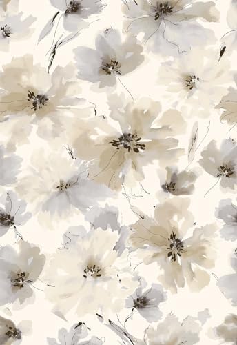 JiffDiff Biege Flower Watercolor Flower Peel and Stick Wallpaper, Floral Wallpaper Peel and Stick Modern (118 x 17.3 in, Beige Flower)