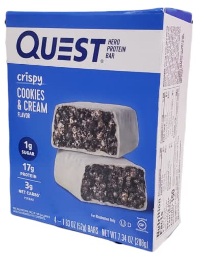 quest bar cream - 1) Pack of 4bars- 1.83oz(52g) each. NET WT 7.34oz(208g) Quest Hero Protein Bar - Crispy Cookies & Cream Flavor