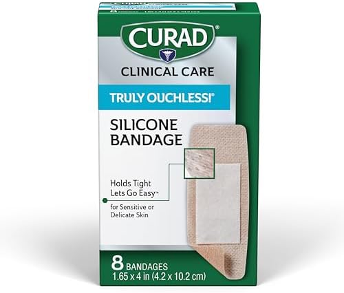 CURAD Truly Ouchless, Extra Large Silicone Bandages, 1.65"" x 4"", For Sensitive or Delicate Skin, Flexible Fabric, Protects Scrapes, Cuts & Burns, 8 Count