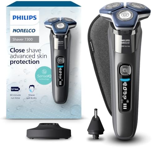 Philips Norelco Shaver 7300, מכונת גילוח חשמלית נטענת רטובה ויבשה עם טכנולוגיית SenseIQ, קוצץ קופץ, מעמד טעינה, קוצץ אף נלחץ ונרתיק נסיעות, S7887/92