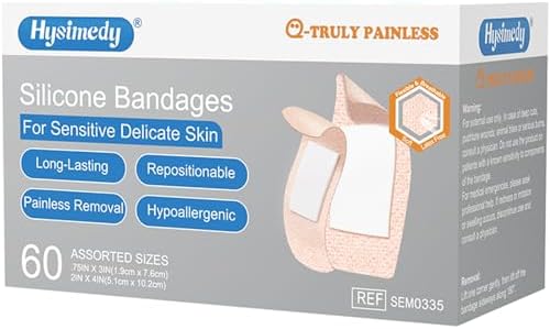 Hysimedy Silicone Bandages Assorted Sizes for Sensitive Fragile Skin - 60 Counts Extra Large and Small Size - Latex Free Non Allergenic Hypoallergenic Painless Removal Flexible Fabric Bandages