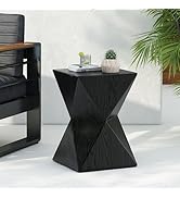 Concrete Outdoor Side Table,Black Prismatic Symmetry Cement Outdoor End Table with Smooth Wood Gr...