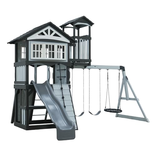 Backyard Discovery Whispering Point All Cedar Wooden Swing Set, Raised Club House, Grey Wave Slide, Web Swing, Climbing Wall, 2 Belt Swings, Crow's Nest