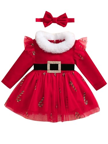 ZZLBUF Baby Girl My First Christmas Outfits Santa Baby Christmas Plush Trim Tulle Tutu Dress Headband Christmas Costume (Candy Cane Red, 18-24 Months) 