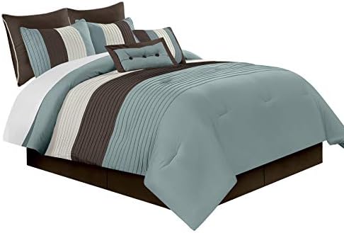 Chezmoi Collection 8-Piece Luxury Striped Comforter Set (Blue/Brown/Beige, Queen)