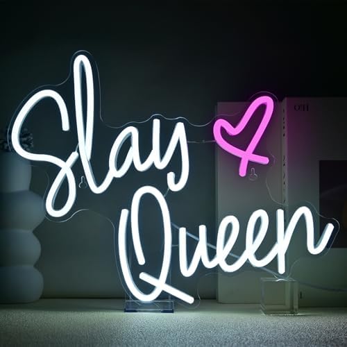 FAXFSIGN Slay Queen Neon Sign White Pink LED Neon Light Up Signs for Wall Decor Usb Neon Light for Bedroom Preppy Girl Aesthetic Room Dorm Decor Y2k Party Gifts