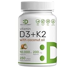 DEAL SUPPLEMENT Vitamin D3 10,000 IU + K2 MK7 200 mcg, Infused with Virgin Coconut Oil, 250 Softgels, Double Strength Vitam…