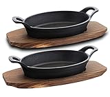 Bruntmor Mini Cast Iron Sizzler Plates Skillet Set Of 4. Oval Fajita Plate With Wooden Base/Pan Tray Serving Sizzling Dish And Fajitas, Hot Steak Skillet Dish Without Sinking (2 Sets)